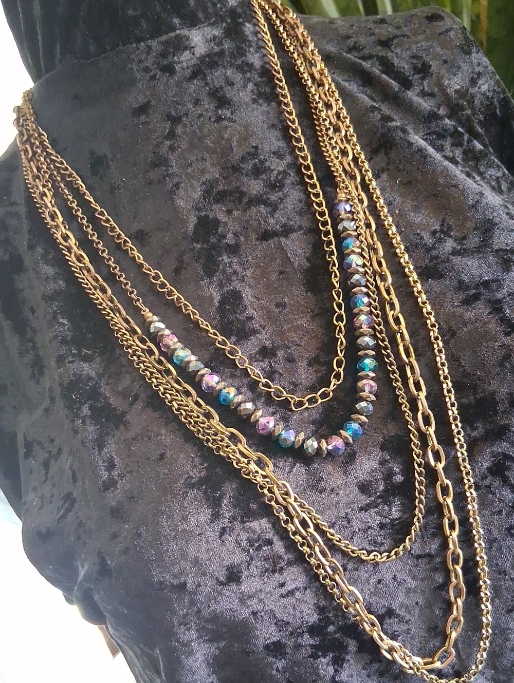Express Gold Multi-Layer Chain Necklace with Iridescent Beads
